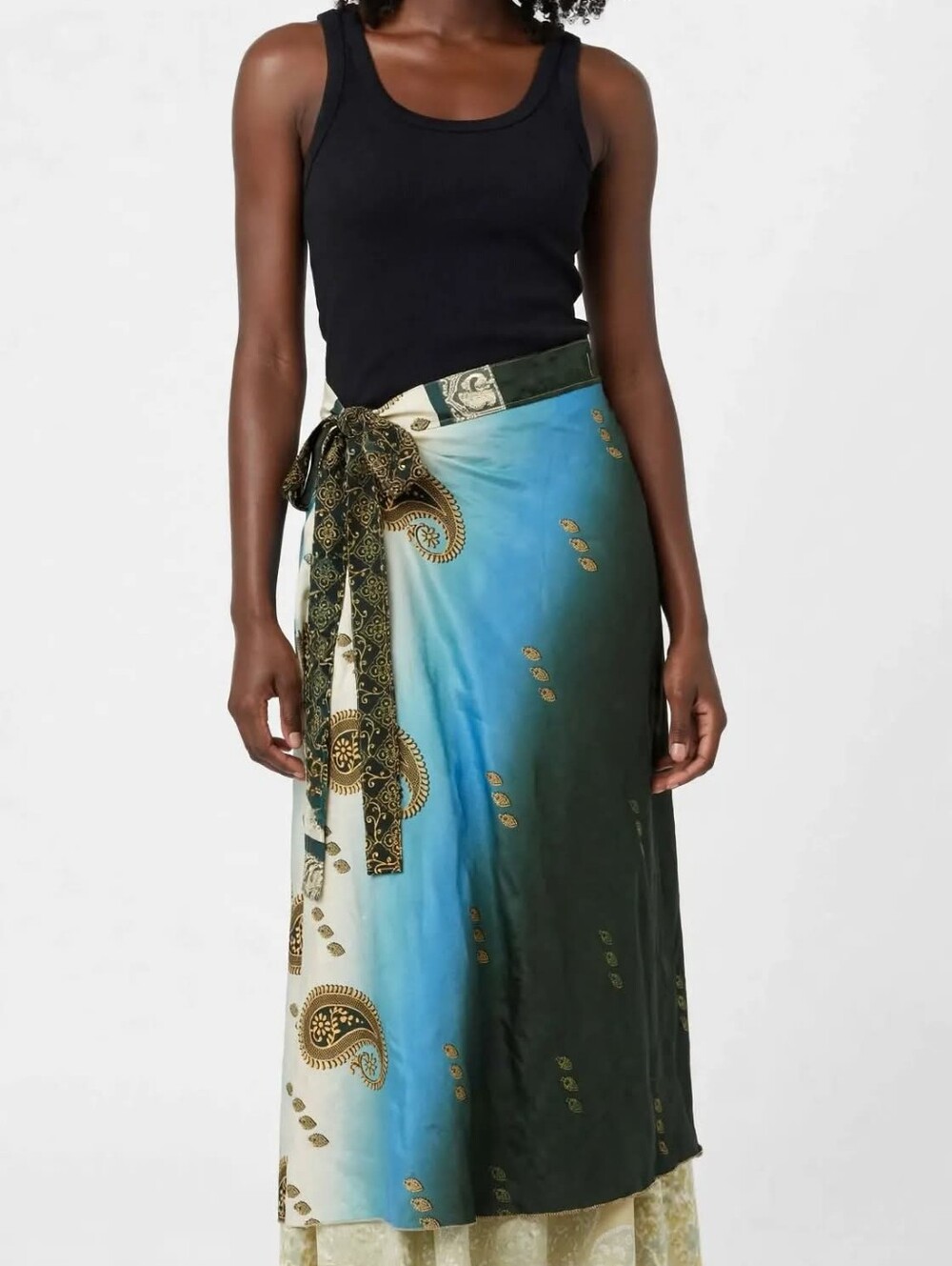 Printed Wrap Midi Skirt in Teal and Green